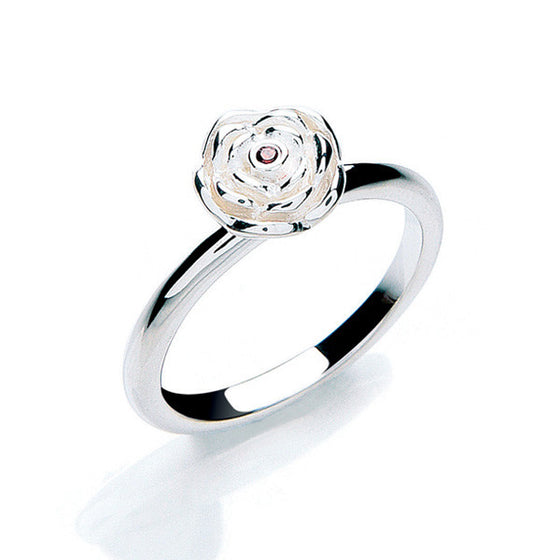 large silver rose ring with garnet, january's birthstone
