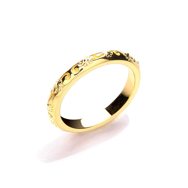 Gold plated band ring with floral pattern