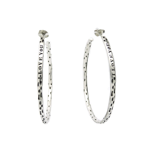 Big large Daisy hoop earrings with i Love You in silver