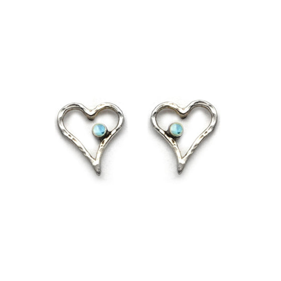 Blue topaz silver heart earrings with a hammered finish