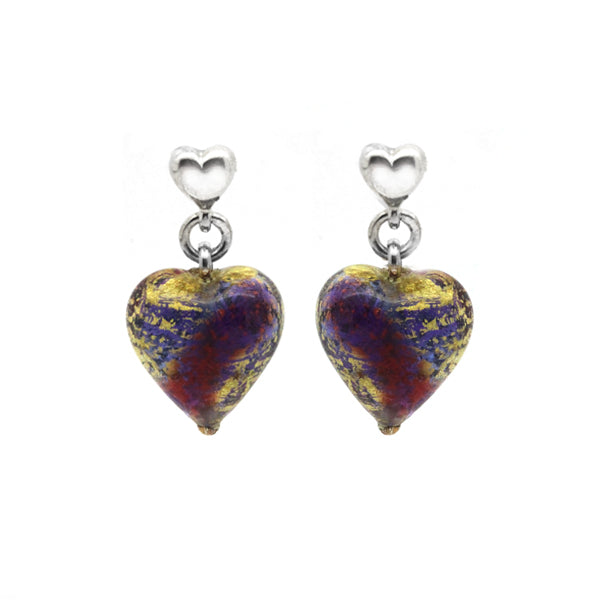 Gold, red, blue purple murano glass dangling heart earrings