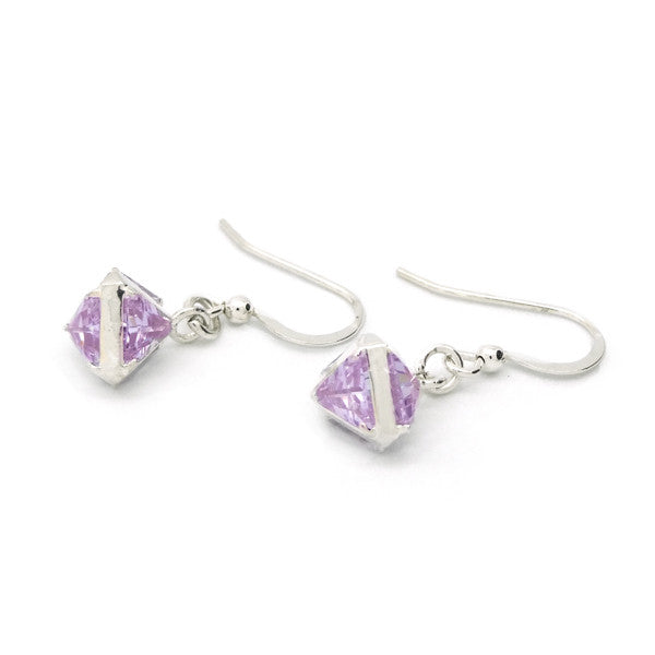 Purple crystal tri cube hook earrings in sterling silver