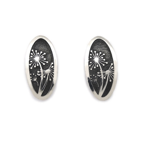 Oval stylised dandelion seed pattern earrings in silver