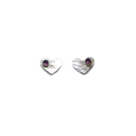 silver heart ear studs with pink tourmaline stones by Talma Keshet