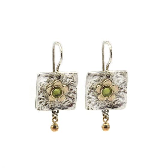 peridot square drop flower earrings by Israeli jeweller Talma Keshet