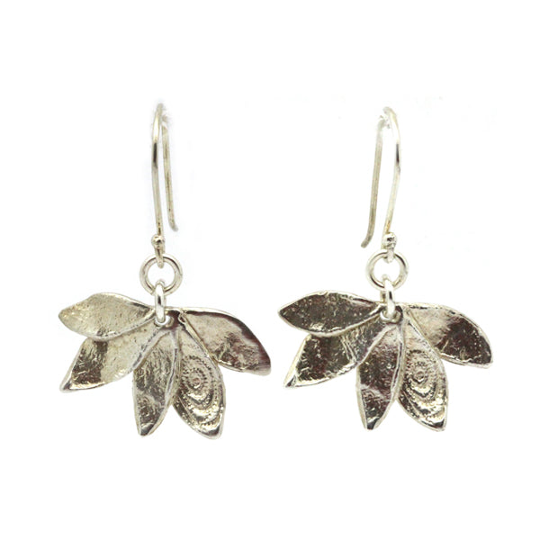 5 leaf silver drop earrings on hooks by Dagnit Hen