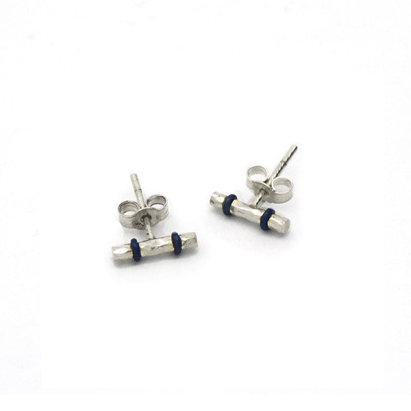 Cute tiny hammered bar stud earrings with titanium detail