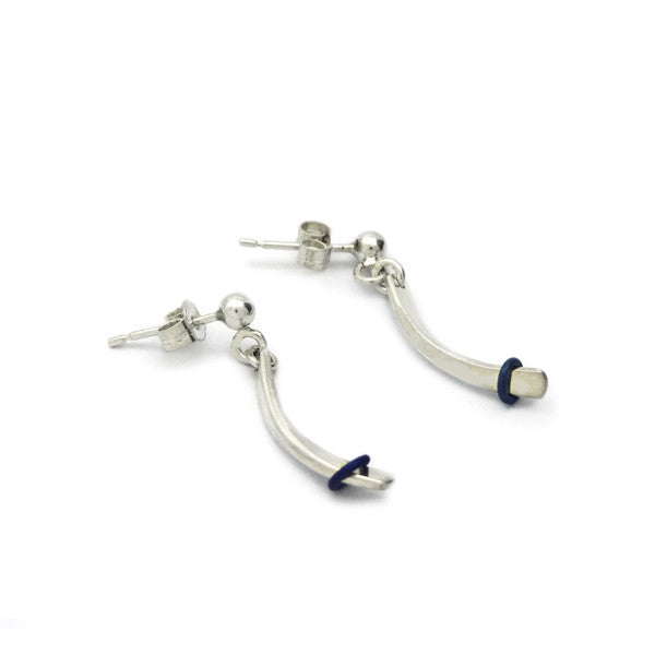 sleek solid silver ball stud drop earrings with blue titanium