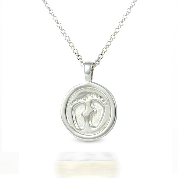 Baby steps embossed silver foot print pendant necklace