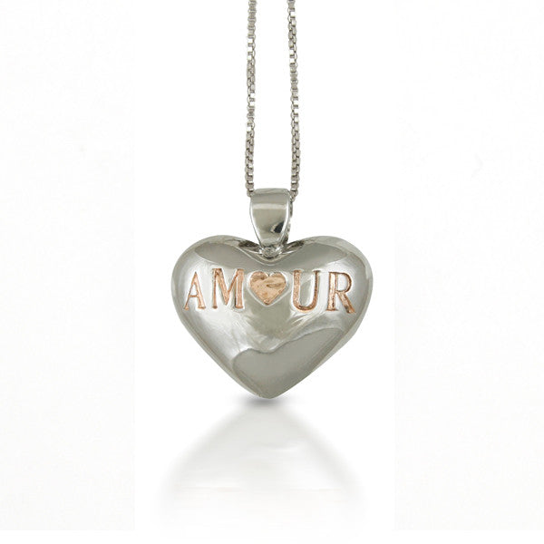Silver heart pendant with Rose Gold Amour inscribed