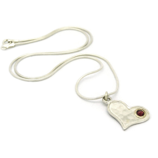 Red garnet and silver heart pendant with hammered finish