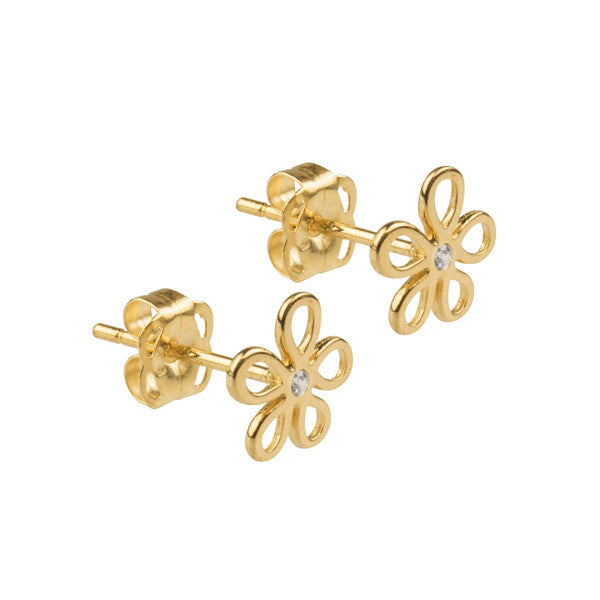 small flowery gold stud earrings with sparkly stones