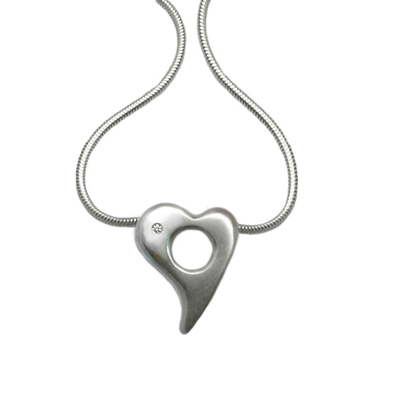 Diamond set silver floating heart pendant on snake chain