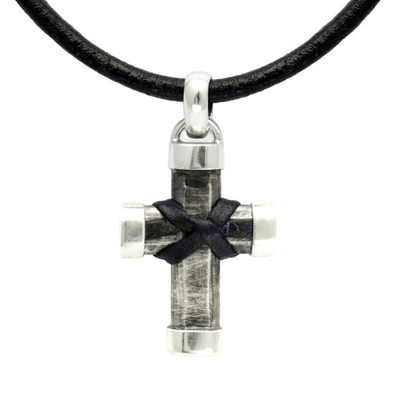 Heavy silver oxidised cross with leather ossell knot 