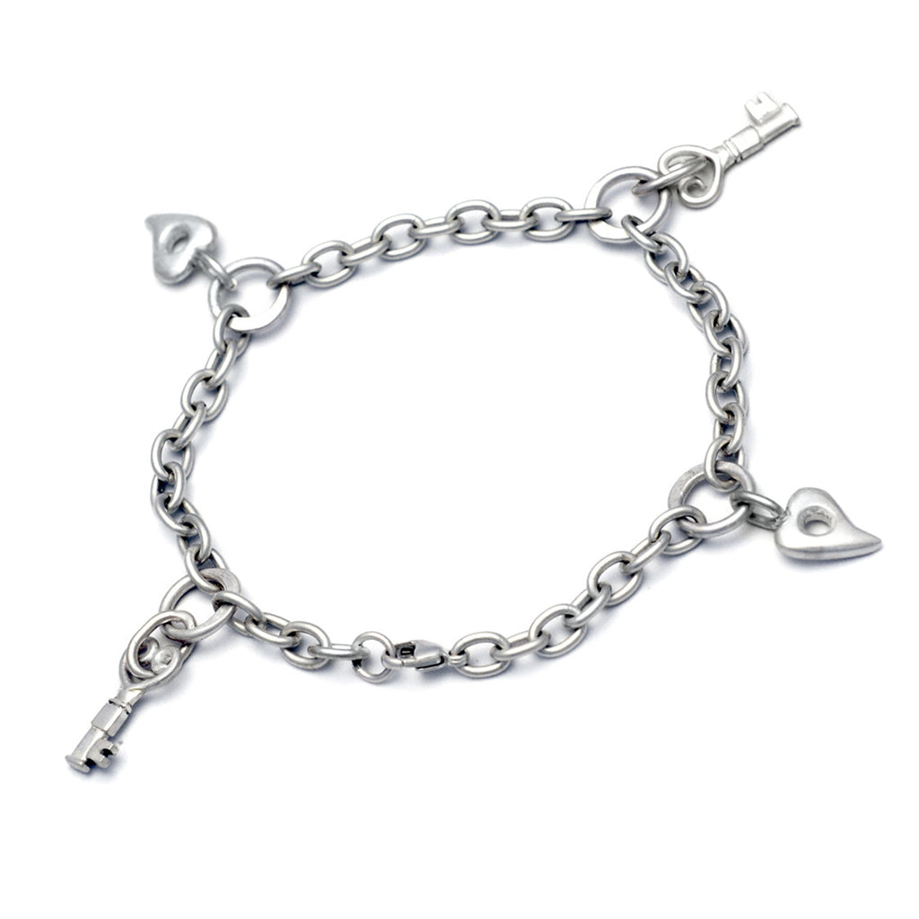 heart and key silver love token charm chain bracelet
