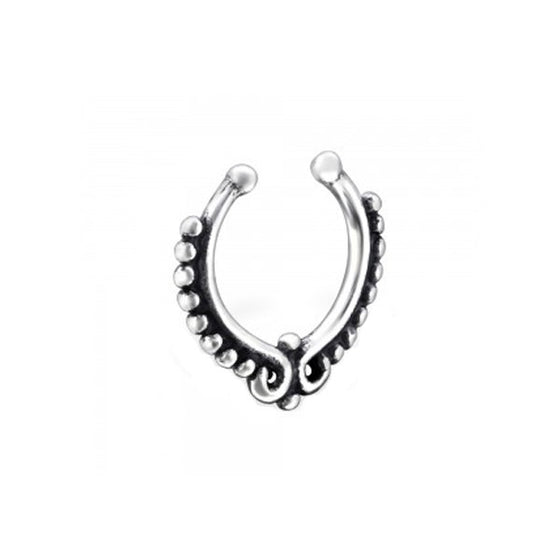 Patterned ball & swirl faux septum silver nose ring