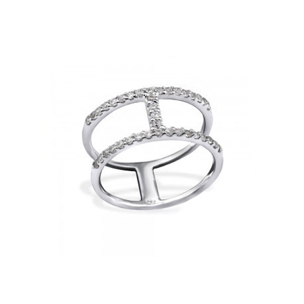 Wide sterling silver double narrow band white CZ set midi ring