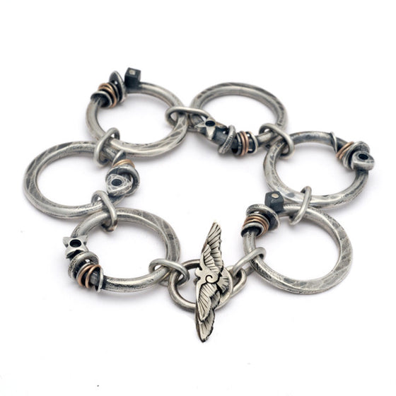 Chunky silver hand forged linked decorative ring bracelet 