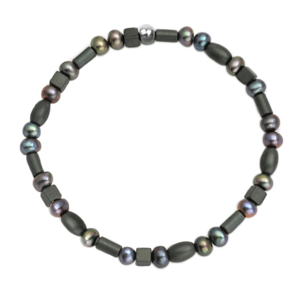 contrasting raven pearl and matt hematite elasticated bracelet