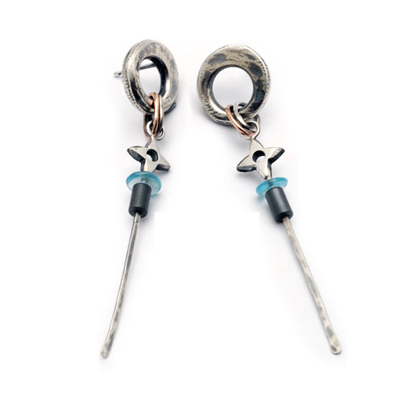 Unusual dark silver blue apatite hematite dangly drop earrings