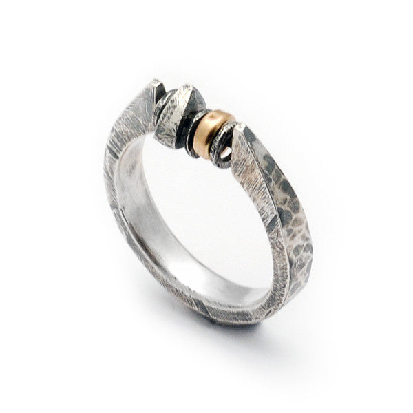 Oxidised and textured faceted rough band silver ring with moving beads by Annika Rutlin