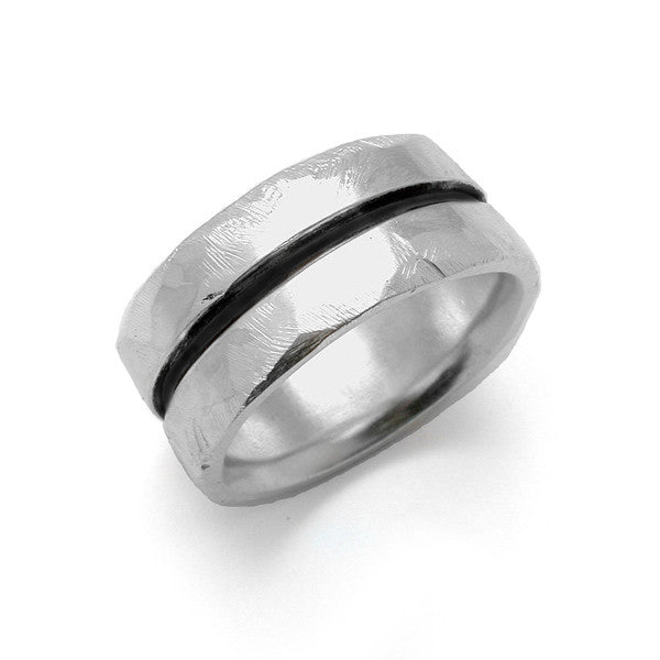 Solid silver chunky rough textured ring central black stripe by Annika Rutlin