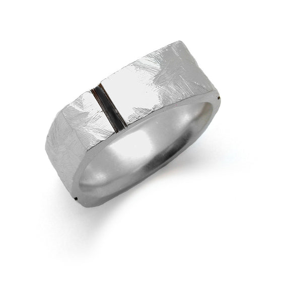 Unusual silver slanted square ring with black oxidised stripes by Annika Rutlin