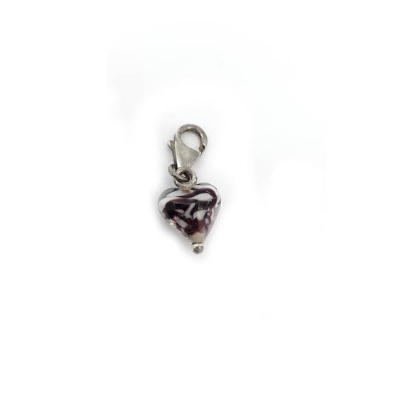 Black and white zebra glass heart clip on charm in silver
