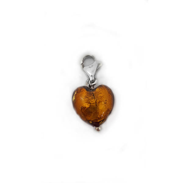 Dark Amber glass heart clip on charm in silver