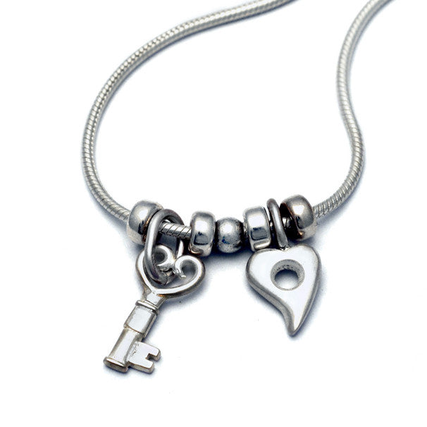 Love token silver bead heart and key slinky snake bracelet