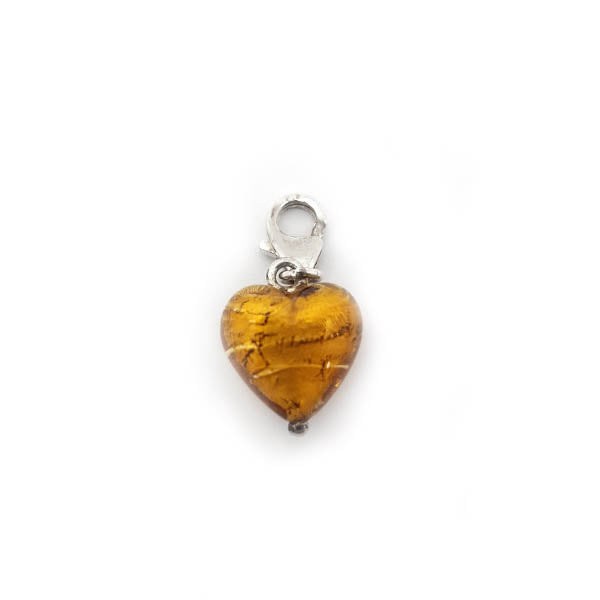 Amber glass heart clip on charm in silver