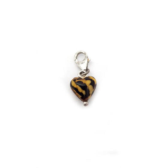 Brown and black tiger glass heart clip on charm in silver