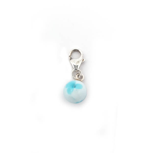 White glass ball blue flower drop clip on charm in silver